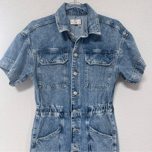 Free People Marci Coverall Denim Jumpsuit Blue Short Sleeves Size Small - Picture 3 of 3